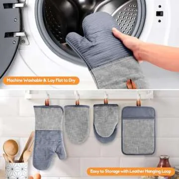 TIPTAP Kitchen Oven Mitts 4pcs Set- Non-Slip Cotton Oven Mitt & Pot Holders – Heat Resistant, Durable & Machine-Washable -One Long Mit, Two Mini Oven Mitts & One Pot Holder (Gray)