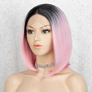 K'ryssma Ombre Pink Lace Front Wig with Black Roots Synthetic Bob Wig for Women Half Hand Tide Short Pink Straight Wigs
