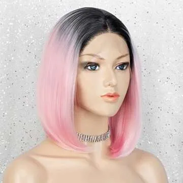 K'ryssma Ombre Pink Lace Front Wig with Black Roots Synthetic Bob Wig for Women Half Hand Tide Short Pink Straight Wigs