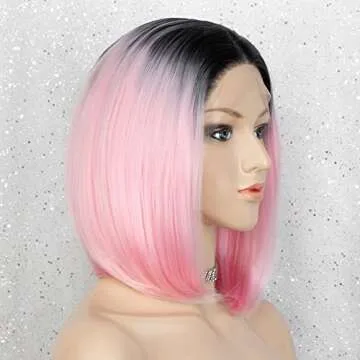 K'ryssma Ombre Pink Lace Front Wig with Black Roots Synthetic Bob Wig for Women Half Hand Tide Short Pink Straight Wigs