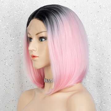 K'ryssma Ombre Pink Lace Front Wig with Black Roots Synthetic Bob Wig for Women Half Hand Tide Short Pink Straight Wigs