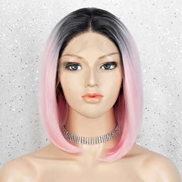 K'ryssma Ombre Pink Lace Front Wig with Black Roots Synthetic Bob Wig for Women Half Hand Tide Short Pink Straight Wigs