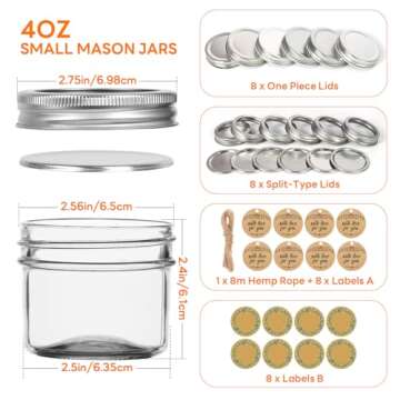 Small Mason Jars With Lids, 4 oz Mini Mason jars 8 Pack, Canning Jars With 8 Split-Type Lids And EXT...