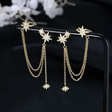 SLUYNZ 925 Sterling Silver Fashion Star Cuff Earring Chain for Women Star Crawler Earring Wrap Earrings (Pair-D-Gold)