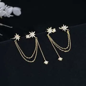 SLUYNZ 925 Sterling Silver Fashion Star Cuff Earring Chain for Women Star Crawler Earring Wrap Earrings (Pair-D-Gold)