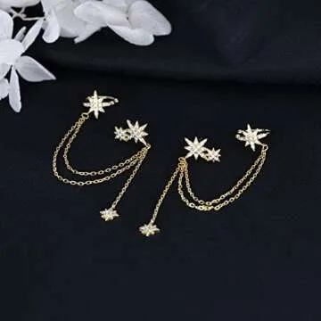 SLUYNZ 925 Sterling Silver Fashion Star Cuff Earring Chain for Women Star Crawler Earring Wrap Earrings (Pair-D-Gold)