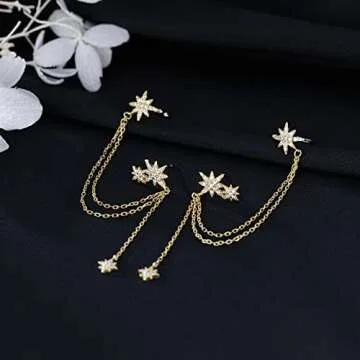 SLUYNZ 925 Sterling Silver Fashion Star Cuff Earring Chain for Women Star Crawler Earring Wrap Earrings (Pair-D-Gold)