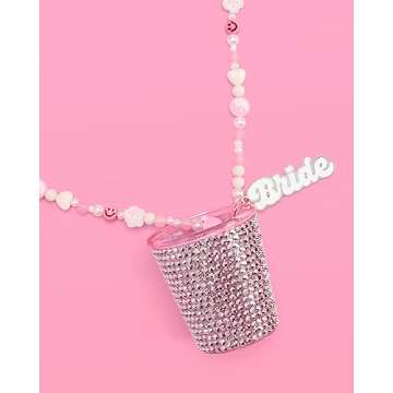 xo, Fetti Shot Glass Bride Beaded Necklace - 2 oz | Bachelorette Party Decorations, Rhinestone Bride Party Favors, Cute Bridesmaid Gift