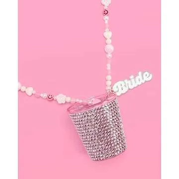 xo, Fetti Shot Glass Bride Beaded Necklace - 2 oz | Bachelorette Party Decorations, Rhinestone Bride Party Favors, Cute Bridesmaid Gift