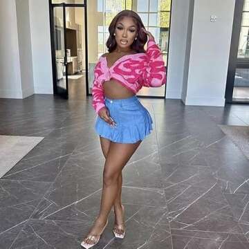 Cardigan Sweater for Women Colorblock Button Down V Neck Knit Sweater Cardigan Loose Short Coat Shrug Outerwear Rose L