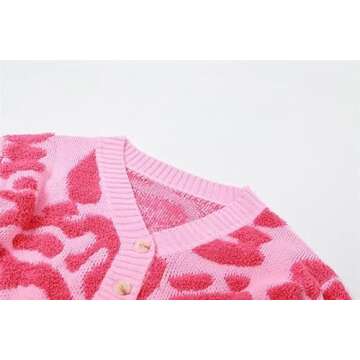 Cardigan Sweater for Women Colorblock Button Down V Neck Knit Sweater Cardigan Loose Short Coat Shrug Outerwear Rose L