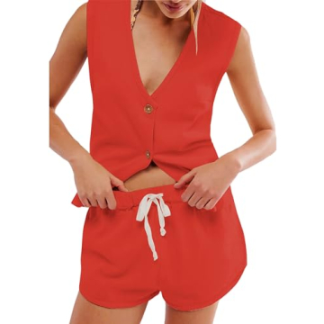 HangNiFang Women's Summer 2 Piece Suits Set Button Down V Neck Vest Sleeveless Tops and Shorts Set O...