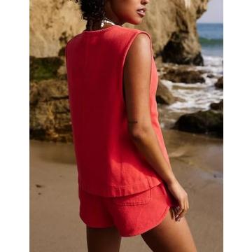 HangNiFang Women's Summer 2 Piece Suits Set Button Down V Neck Vest Sleeveless Tops and Shorts Set Outfits(1229-Red-L)