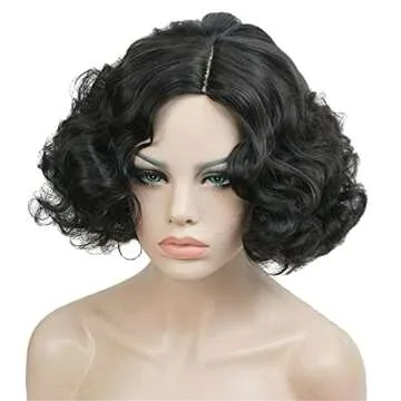 Aimole Short Wavy Wigs Women's Vintage Flapper Wig 1920s Cosplay Halloween Party Daily Everyday Hair(1B Natural Black)