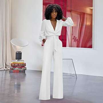 Women Sexy Elegant Long Puff Sleeve Deep V Neck Belted Loose Wide Leg Long Pants One Piece Jumpsuit Romper with Pockets Party Club Playsuit Outfits Clubwear White, Medium