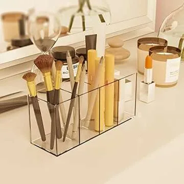 HELPLEX Acrylic Pen Holder 2 Pack, 4 Compartments Clear Pencil Holder for Desk, Acrylic Desk Organizer, Stationery Storage Box, Cosmetic Brush Storage Box, Vanity Storage Box