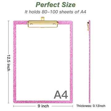 Rimilak Acrylic Glitter Clipboards, Sparkly Board with Low Profile Gold Clip, Designed for Classroom School and Office Use, A4 Letter Size 9 x 12.5 in, Pink