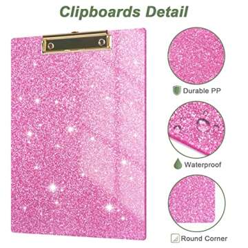 Rimilak Acrylic Glitter Clipboards, Sparkly Board with Low Profile Gold Clip, Designed for Classroom School and Office Use, A4 Letter Size 9 x 12.5 in, Pink