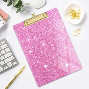 Rimilak Acrylic Glitter Clipboards, Sparkly Board with Low Profile Gold Clip, Designed for Classroom School and Office Use, A4 Letter Size 9 x 12.5 in, Pink