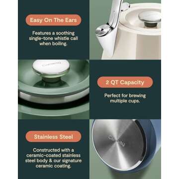 Caraway 2 Quart Whistling Tea Kettle - Durable Stainless Steel Tea Pot - Fast Boiling, Stovetop Agnostic - Non-Toxic, PTFE & PFOA Free - Includes Pot Holder - White