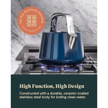 Caraway 2 Quart Whistling Tea Kettle - Durable Stainless Steel Tea Pot - Fast Boiling, Stovetop Agnostic - Non-Toxic, PTFE & PFOA Free - Includes Pot Holder - White