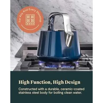 Caraway 2 Quart Whistling Tea Kettle - Durable Stainless Steel Tea Pot - Fast Boiling, Stovetop Agnostic - Non-Toxic, PTFE & PFOA Free - Includes Pot Holder - White