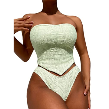WDIRARA Women's Strapless Lace Up Back Bandeau Bikini Swimsuit 2 Piece Asymmetrical Hem Bathing Suit...