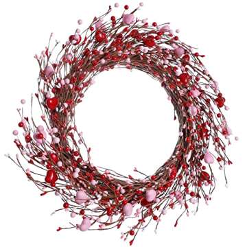 J'FLORU Valentine’s Day Wreaths for Front Door 20 Inch Valentine’s Day Wreath Valentines Wreath with Cute Hearts and Berries Valentine’s Day Gifts Anniversary Wedding Decorations (Red/Pink)