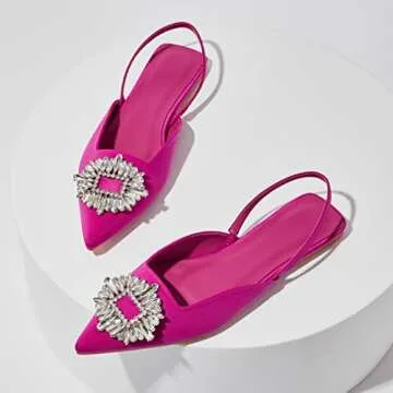 PUONILCA Women Pointed Toe Flats Slingback Mules Rhinestone Backless Silk Satin Casual Dress Sandals Rose Red