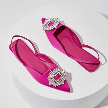 PUONILCA Women Pointed Toe Flats Slingback Mules Rhinestone Backless Silk Satin Casual Dress Sandals Rose Red