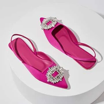 PUONILCA Women Pointed Toe Flats Slingback Mules Rhinestone Backless Silk Satin Casual Dress Sandals Rose Red