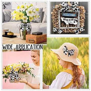 3 Rolls 20 Yards Cow Print Ribbon Wired Edge Burlap White Black Craft Ribbon Cow Spot Pattern Wrapping Ribbons Animal Print Ribbon for Cow Theme Party Favor Christmas Wreath Bow DIY Craft Decoration