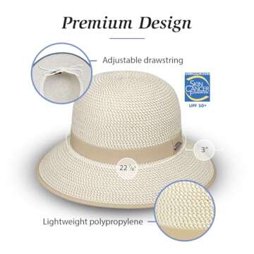 Wallaroo Hat Company Women’s Darby Sun Hat UPF 50+, Wide Brim, Packable Design, Adjustable Size for Medium Crown Sizes – Modern Vintage Sun Hat for Leisurely Outdoor Days (Ivory/Black)