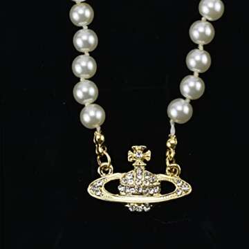 FENLDY Rhinestone Faux Planet Saturn Pearl Necklace for Women Jewelry, Fake Pearl Collar Pendant a Necklace Men with Charm for Girls Y2k Jewelry Ladies' Wedding Pearl Bead Chain Crystal Choker (Gold)