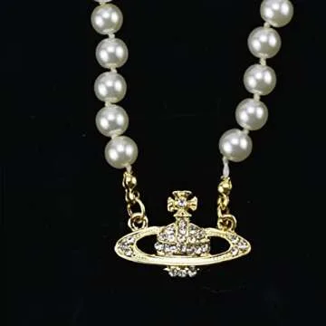 FENLDY Rhinestone Faux Planet Saturn Pearl Necklace for Women Jewelry, Fake Pearl Collar Pendant a Necklace Men with Charm for Girls Y2k Jewelry Ladies' Wedding Pearl Bead Chain Crystal Choker (Gold)