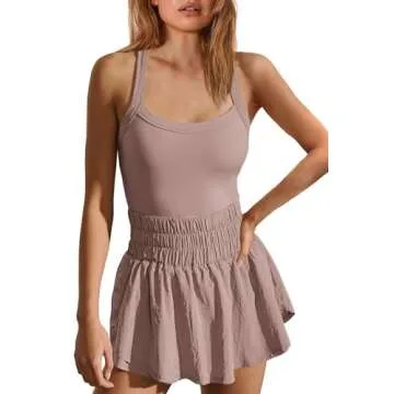 ReachMe Womens Workout Romper Athletic Dress One Piece Jumpsuits Sleeveless Running Skortsie Active Gym Clothes(Purple Red,S)