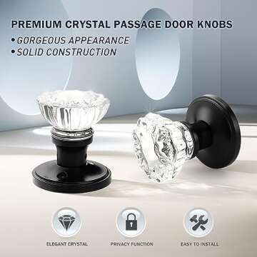 KNOBWELL Passage Glass Door Knobs Interior, Antique Crystal Door Knobs for Hall and Closet, Matte Bl...