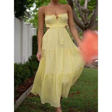 FEORJGP Women Summer Spaghetti Strap Long Dress Boho Low Cut Dress Backless Bodycon Midi Dress High Waist Maxi Dress Beahwear (A Yellow, S)