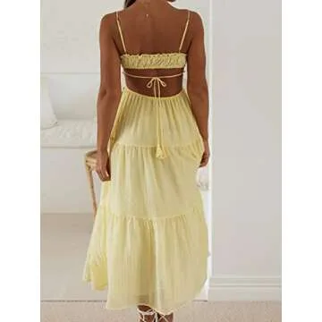 FEORJGP Women Summer Spaghetti Strap Long Dress Boho Low Cut Dress Backless Bodycon Midi Dress High Waist Maxi Dress Beahwear (A Yellow, S)