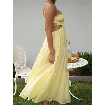 FEORJGP Women Summer Spaghetti Strap Long Dress Boho Low Cut Dress Backless Bodycon Midi Dress High Waist Maxi Dress Beahwear (A Yellow, S)