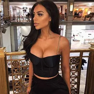 Women‘s Sexy Mesh Bustier Crop Top Backless Chain Straps Push Up Padded Corset Top Bra for Party Club Rave Outfit Black
