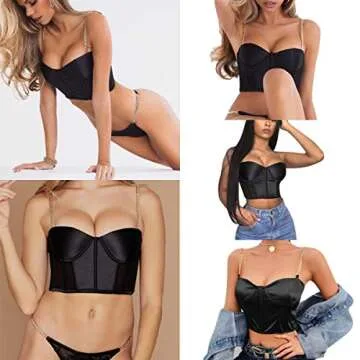 Women‘s Sexy Mesh Bustier Crop Top Backless Chain Straps Push Up Padded Corset Top Bra for Party Club Rave Outfit Black