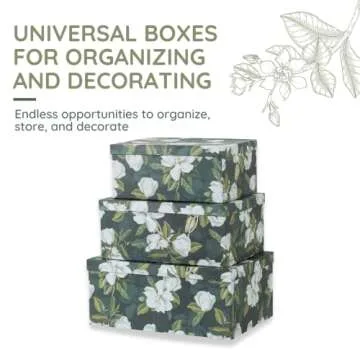 Soul & Lane Decorative Storage Boxes with Lids | Midnight Gardenia - Set of 3 | Stylish Storage Solu...