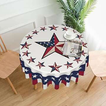 4th of July Tablecloth Round 60 Inch Patriotic Tablecloth Washable American Flag Stars Tablecloths Circular Table Cover Cloths Washable Polyester Tabletop Runner for Kitchen Party Picnic Dining Decor