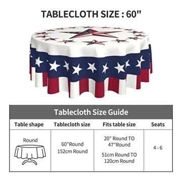 4th of July Tablecloth Round 60 Inch Patriotic Tablecloth Washable American Flag Stars Tablecloths Circular Table Cover Cloths Washable Polyester Tabletop Runner for Kitchen Party Picnic Dining Decor