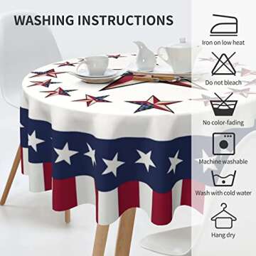 4th of July Tablecloth Round 60 Inch Patriotic Tablecloth Washable American Flag Stars Tablecloths Circular Table Cover Cloths Washable Polyester Tabletop Runner for Kitchen Party Picnic Dining Decor