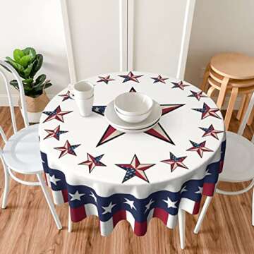 4th of July Tablecloth Round 60 Inch Patriotic Tablecloth Washable American Flag Stars Tablecloths Circular Table Cover Cloths Washable Polyester Tabletop Runner for Kitchen Party Picnic Dining Decor