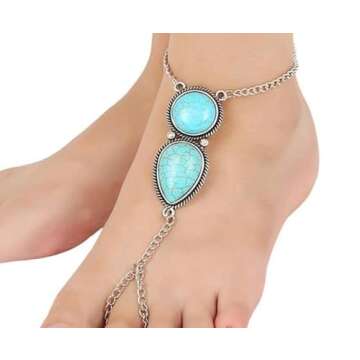 Jovono Boho Slave Bracelets Silver Turquoise Finger Ring Bracelets Summer Beach Hand Chain Jewelry for Women