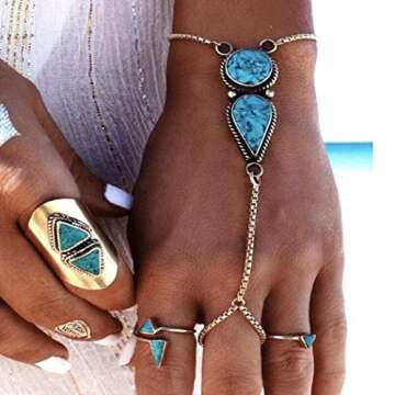 Jovono Boho Slave Bracelets Silver Turquoise Finger Ring Bracelets Summer Beach Hand Chain Jewelry for Women