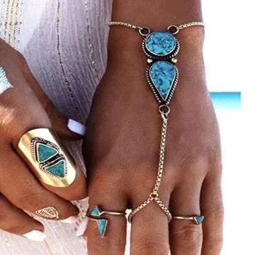 Jovono Boho Slave Bracelets Silver Turquoise Finger Ring Bracelets Summer Beach Hand Chain Jewelry for Women